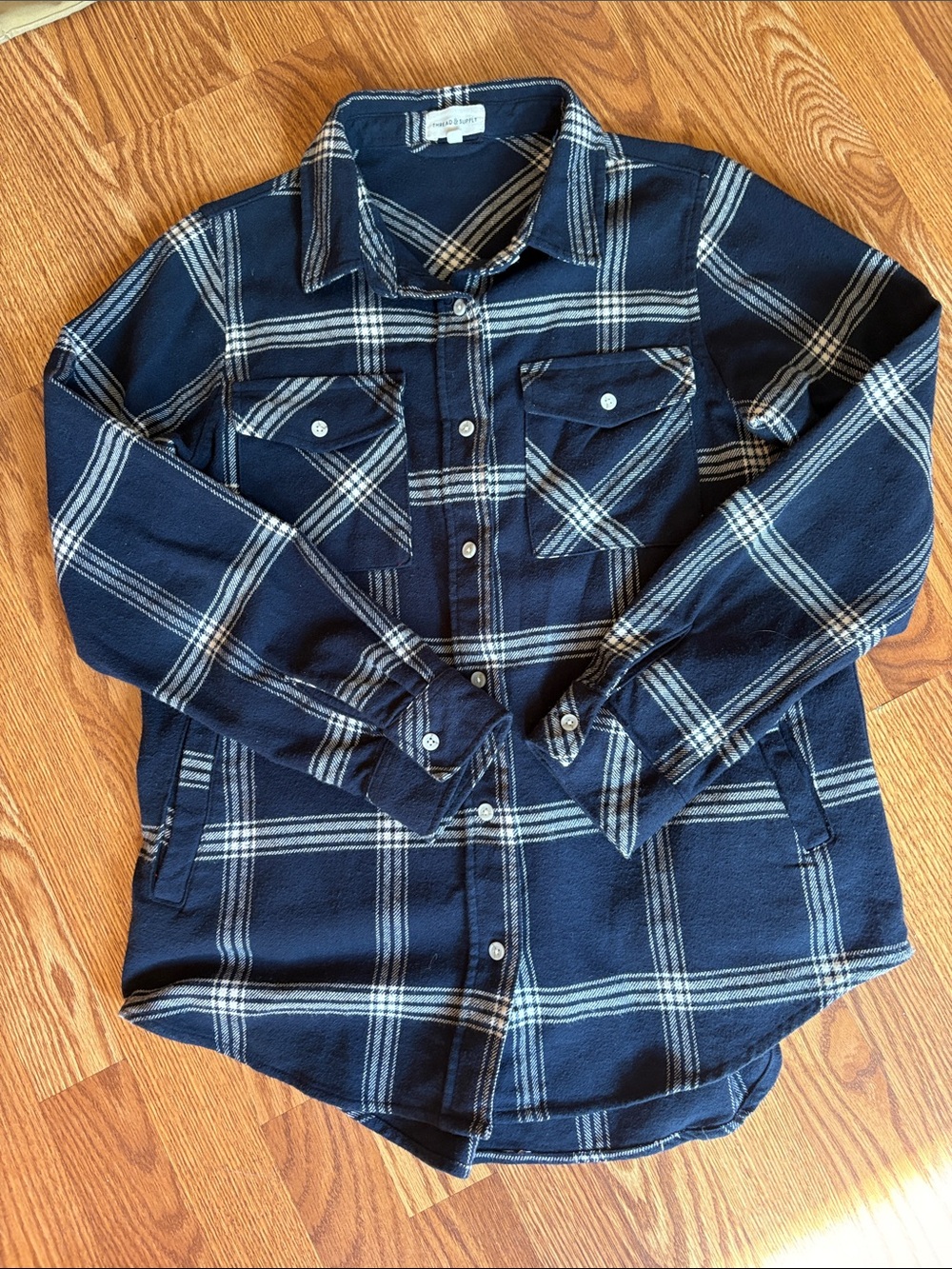 Thread & Supply Mens Navy Plaid Button-Up Shirt Jacket
